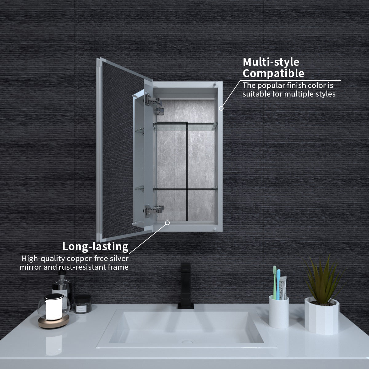 Niveal LUMCA Series Rectangular Aluminum Recessed/Surface Mount Medicine Cabinet with Mirror MMC-1224SV5