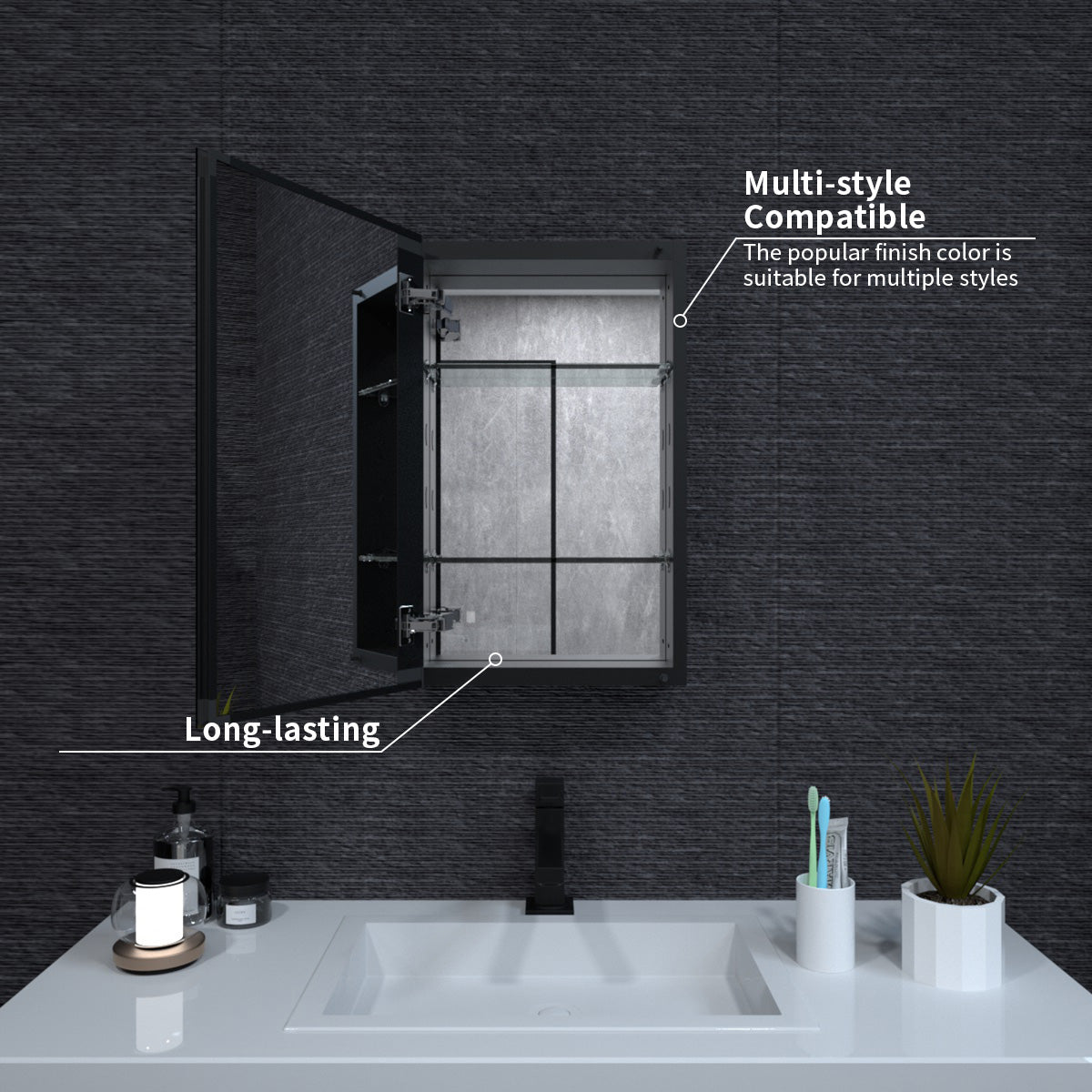 Niveal LUMCA Series Rectangular Aluminum Recessed/Surface Mount Medicine Cabinet with Mirror MMC-1524MB5