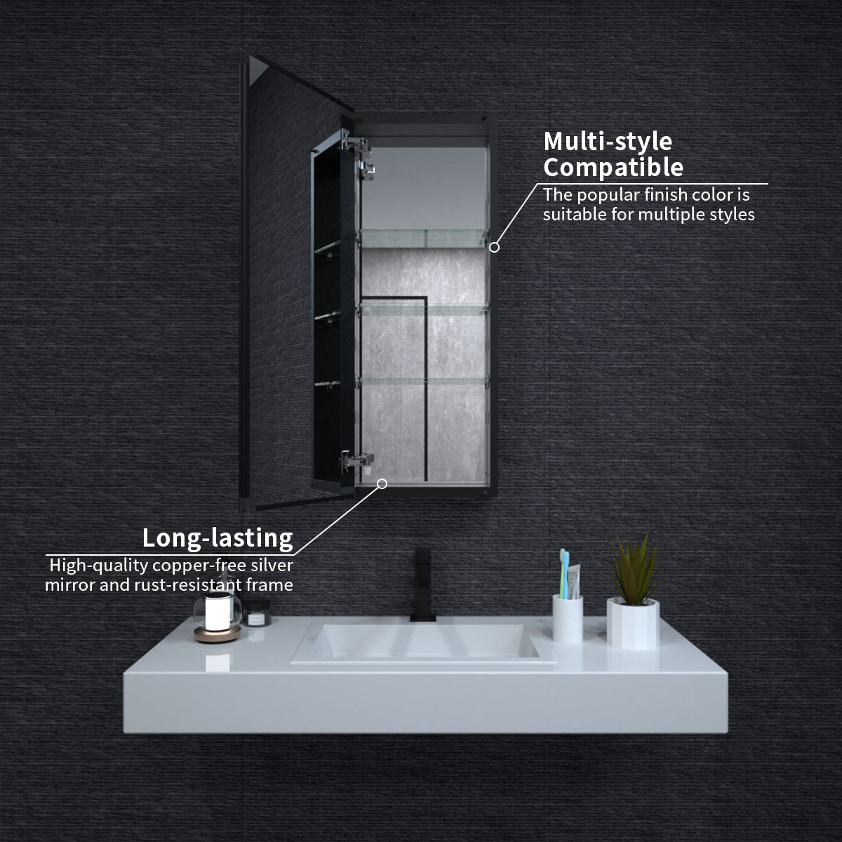 Niveal LUMCA Series Rectangular Aluminum Recessed/Surface Mount Medicine Cabinet with Mirror MMC-1536MB5