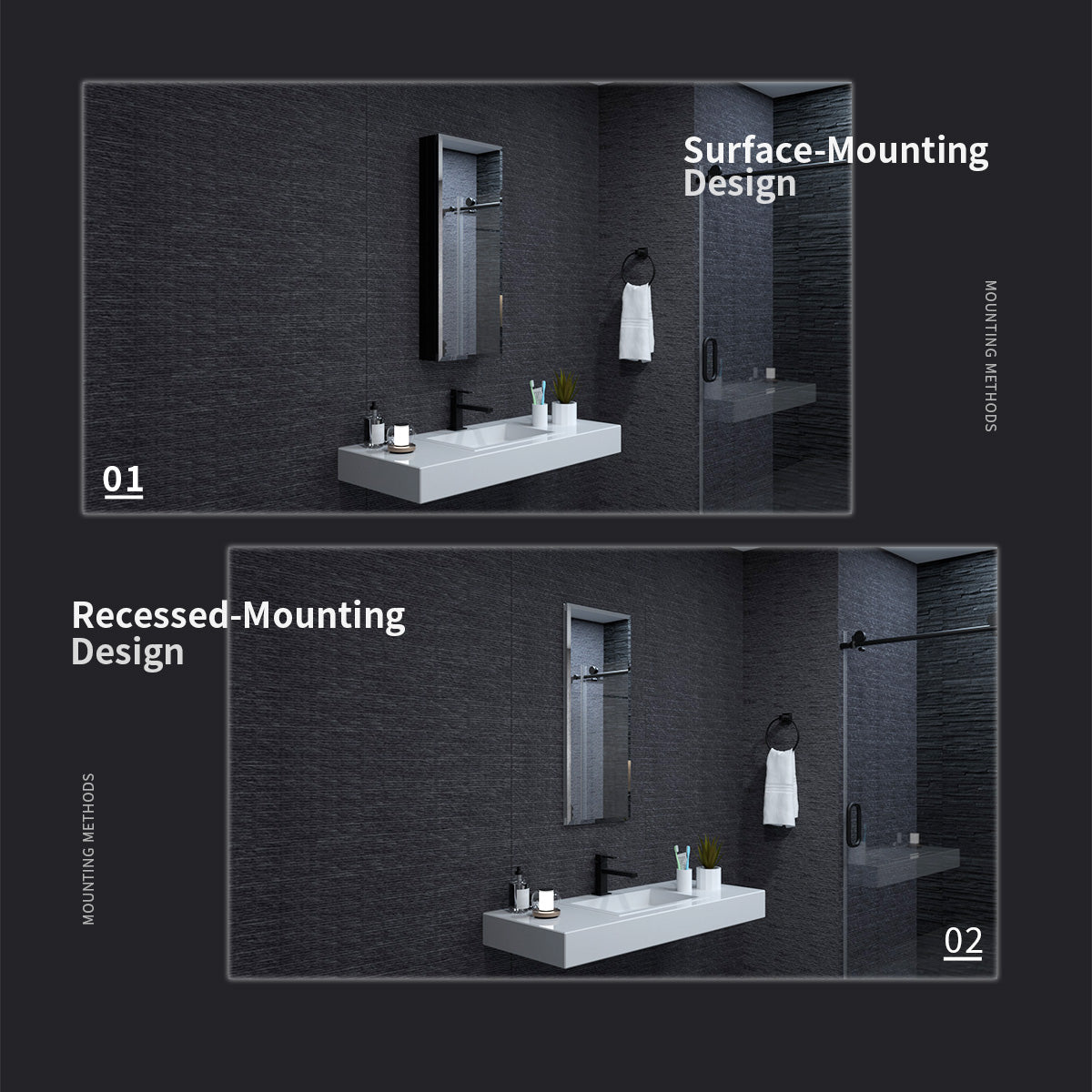 Niveal LUMCA Series Rectangular Aluminum Recessed/Surface Mount Medicine Cabinet with Mirror MMC-1536MB8