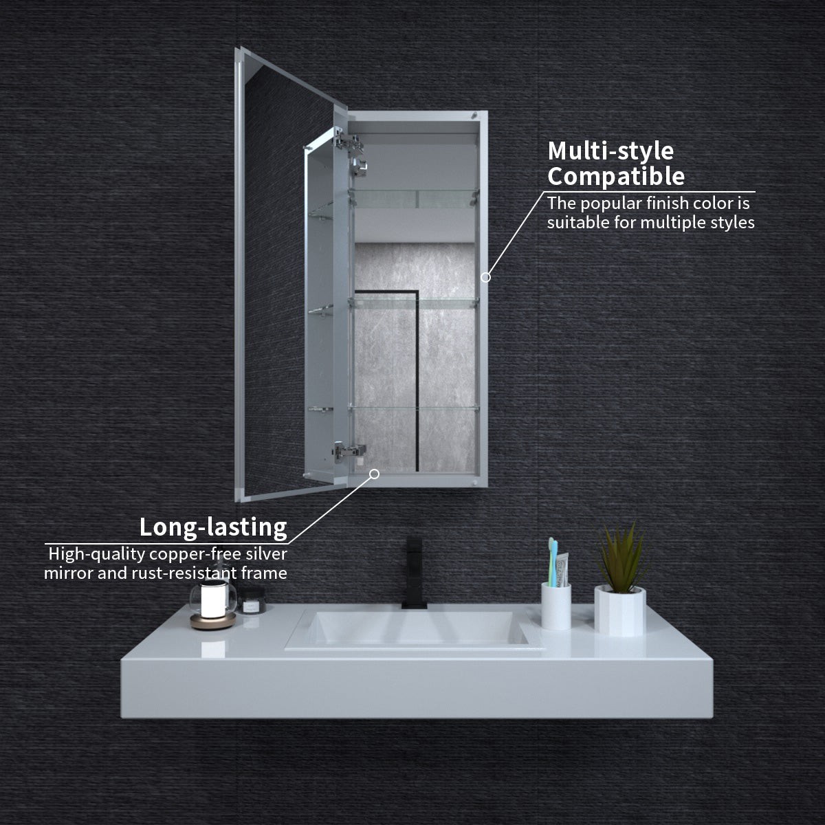Niveal LUMCA Series Rectangular Aluminum Recessed/Surface Mount Medicine Cabinet with Mirror MMC-1536SV5