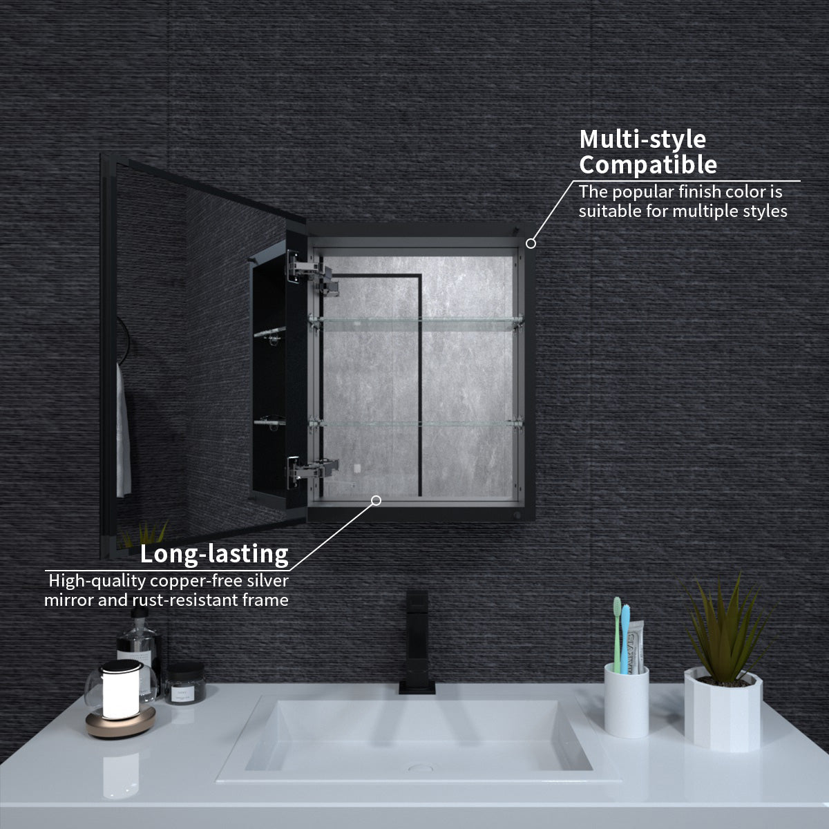 Niveal LUMCA Series Rectangular Aluminum Recessed/Surface Mount Medicine Cabinet with Mirror MMC-1620MB4