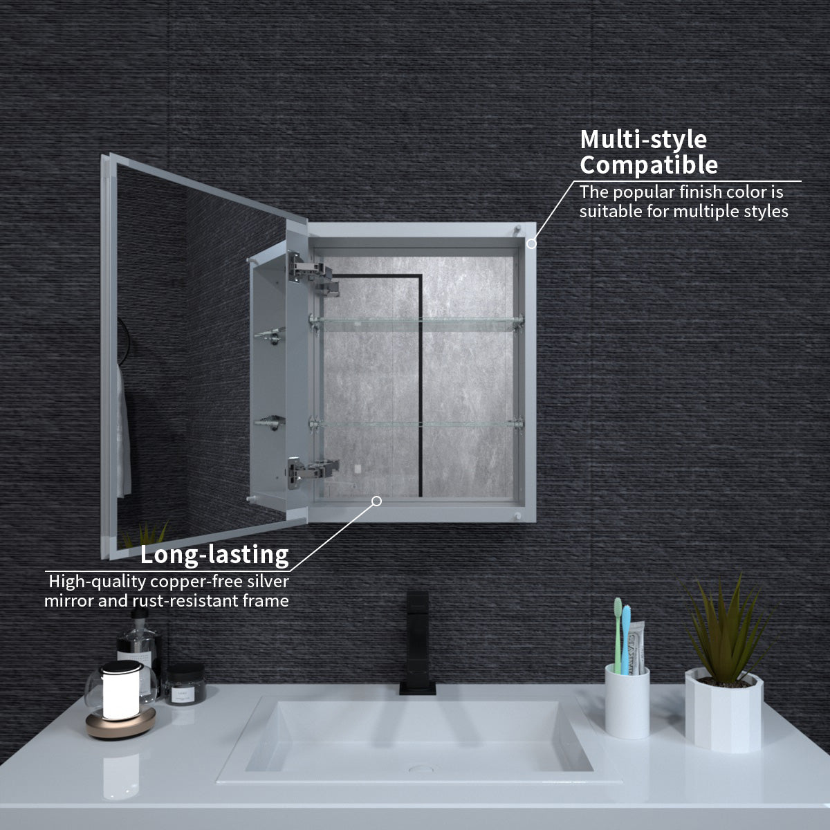 Niveal LUMCA Series Rectangular Aluminum Recessed/Surface Mount Medicine Cabinet with Mirror MMC-1620SV4