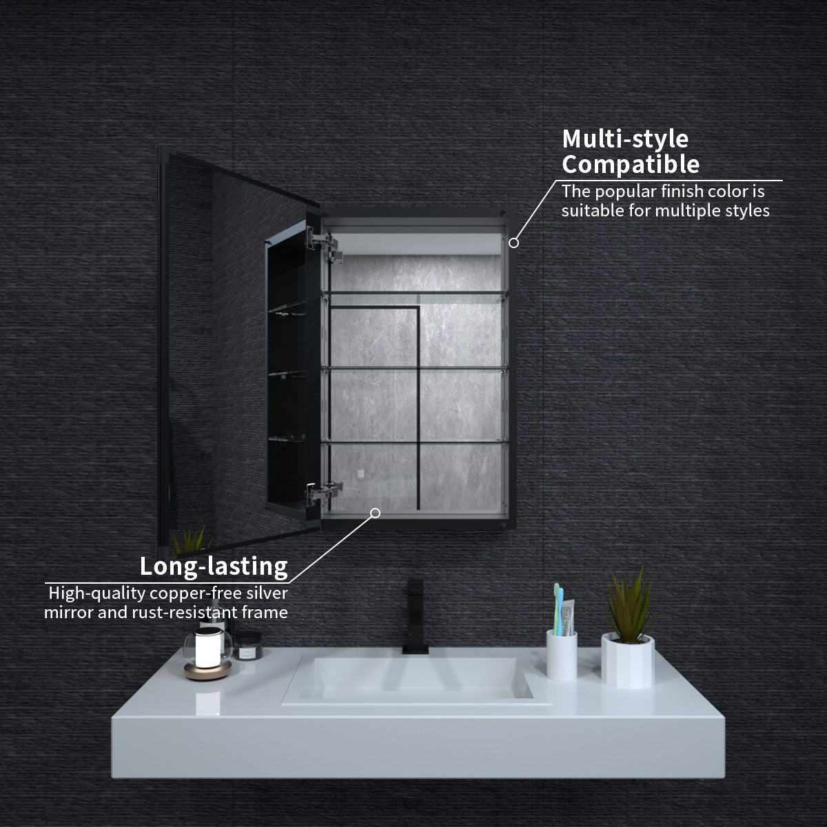 Niveal LUMCA Series Rectangular Aluminum Recessed/Surface Mount Medicine Cabinet with Mirror MMC-1930MB5
