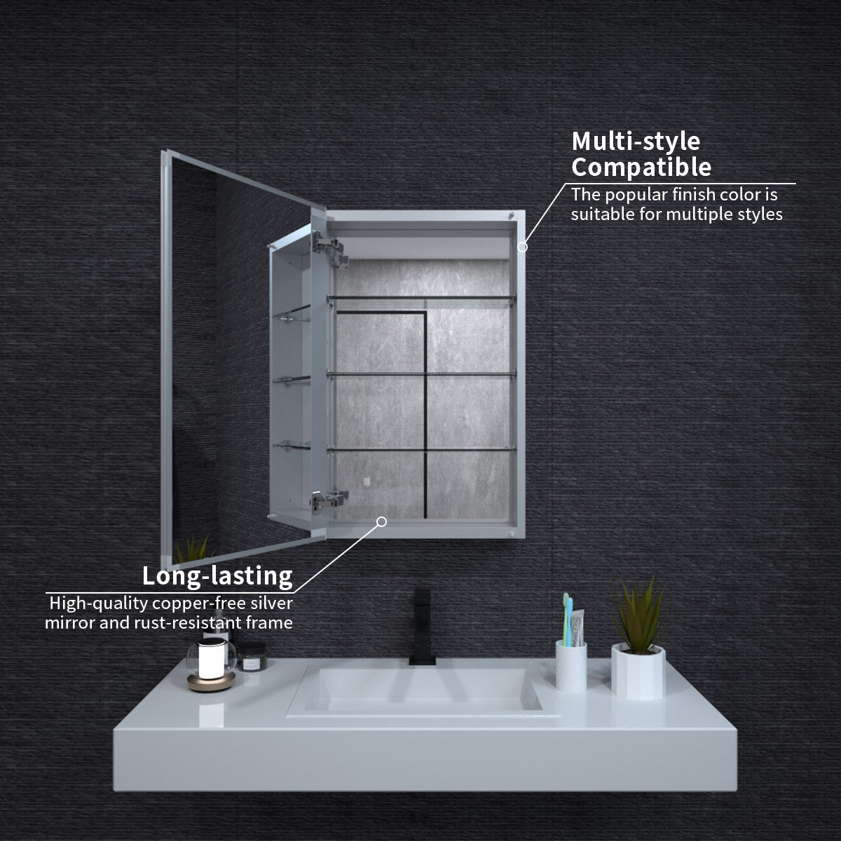 Niveal LUMCA Series Rectangular Aluminum Recessed/Surface Mount Medicine Cabinet with Mirror MMC-1930SV5