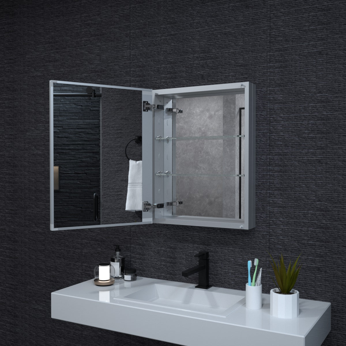 Niveal LUMCA Series Rectangular Aluminum Recessed/Surface Mount Medicine Cabinet with Mirror MMC-2026SV10