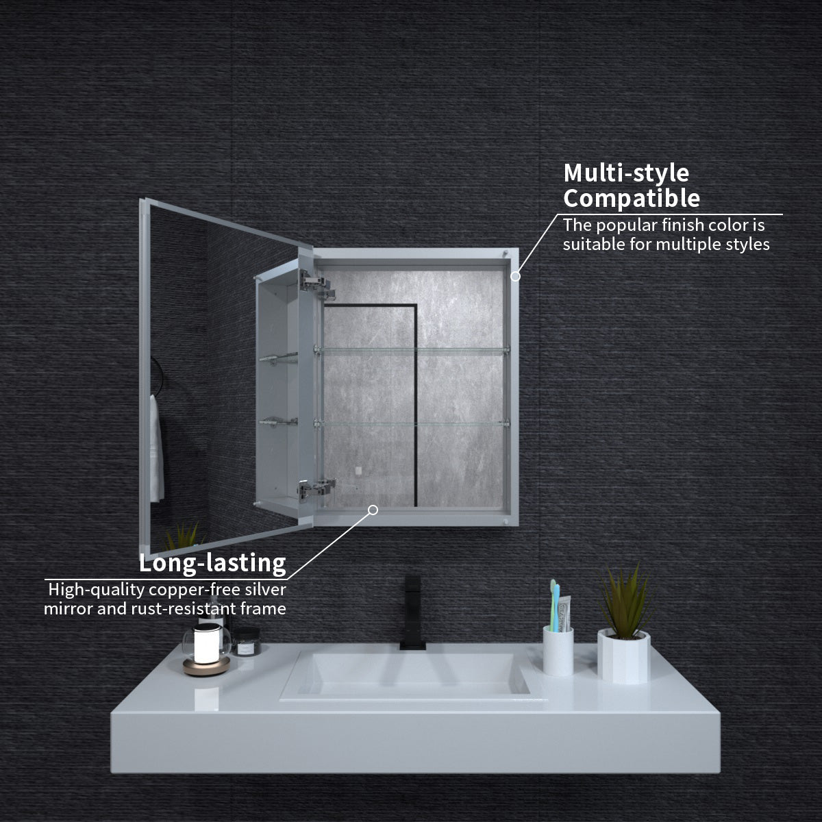 Niveal LUMCA Series Rectangular Aluminum Recessed/Surface Mount Medicine Cabinet with Mirror MMC-2026SV5