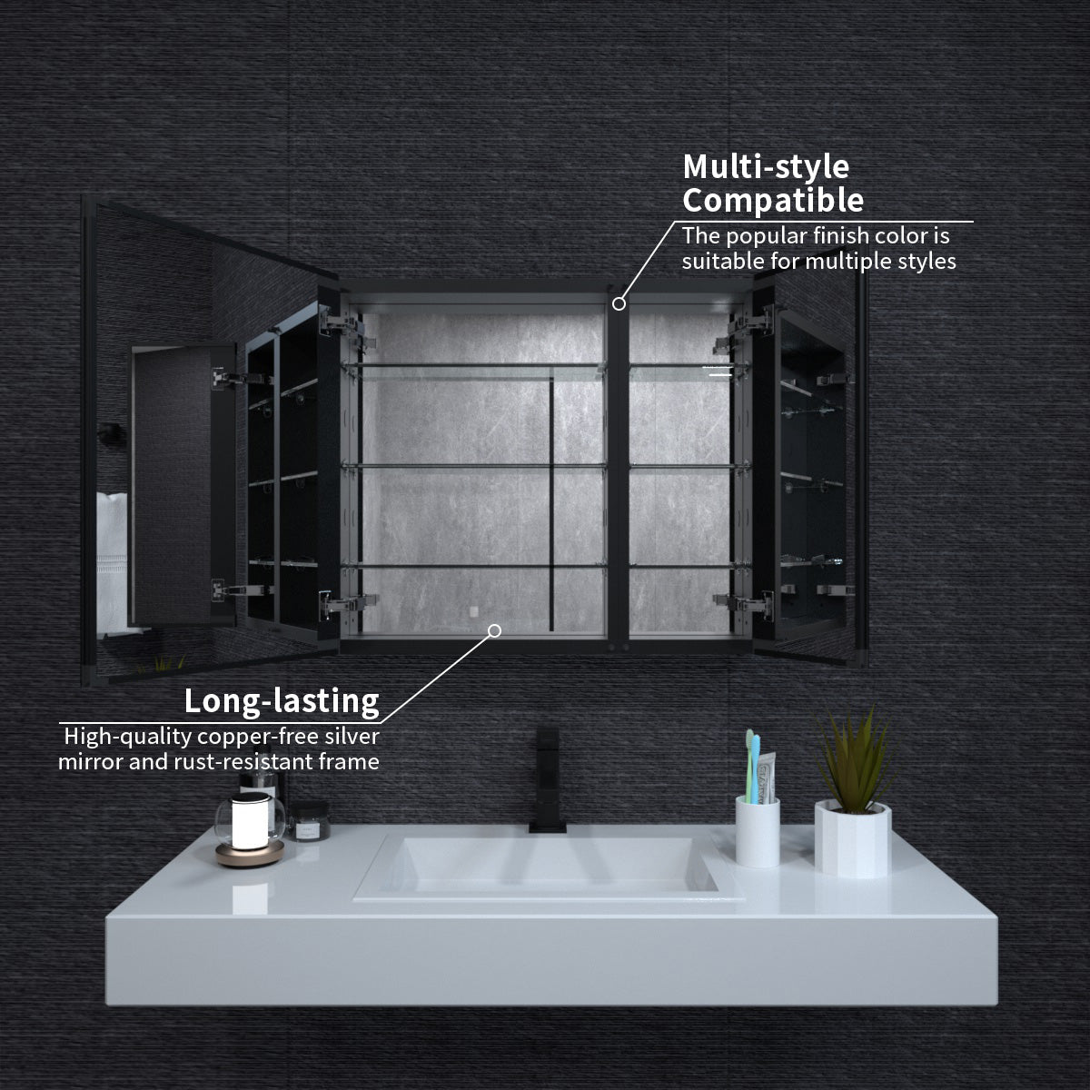 Niveal LUMCA Series Rectangular Aluminum Recessed/Surface Mount Medicine Cabinet with Mirror MMC-3026MB5