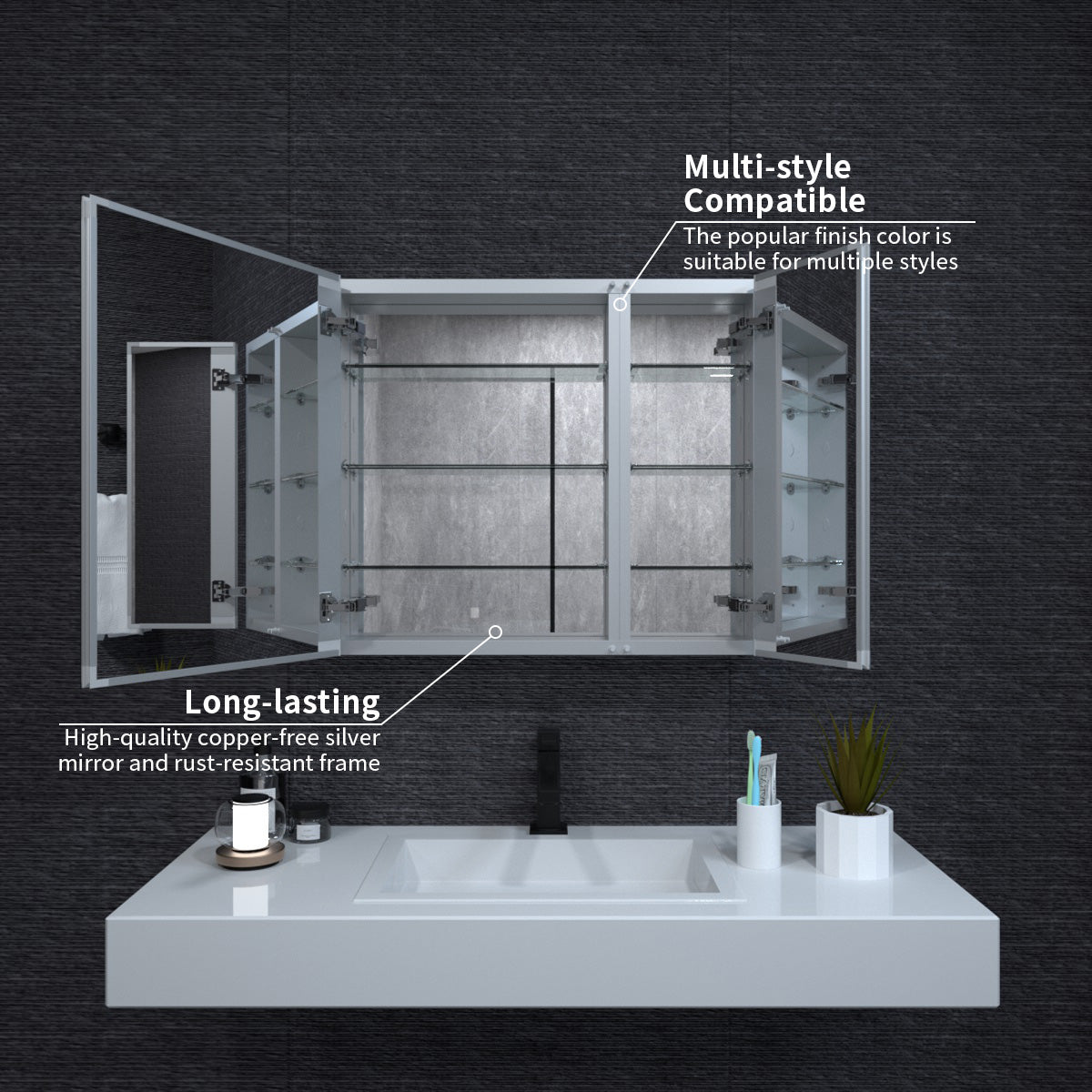 Niveal LUMCA Series Rectangular Aluminum Recessed/Surface Mount Medicine Cabinet with Mirror MMC-3026SV5