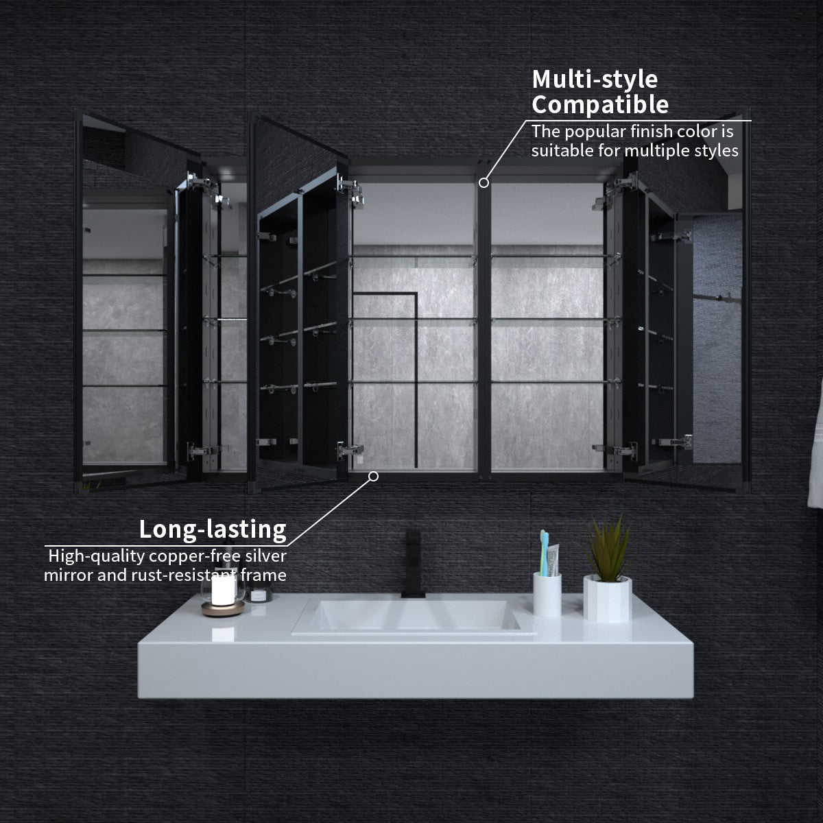 Niveal LUMCA Series Rectangular Aluminum Recessed/Surface Mount Medicine Cabinet with Mirror MMC-4836MB5