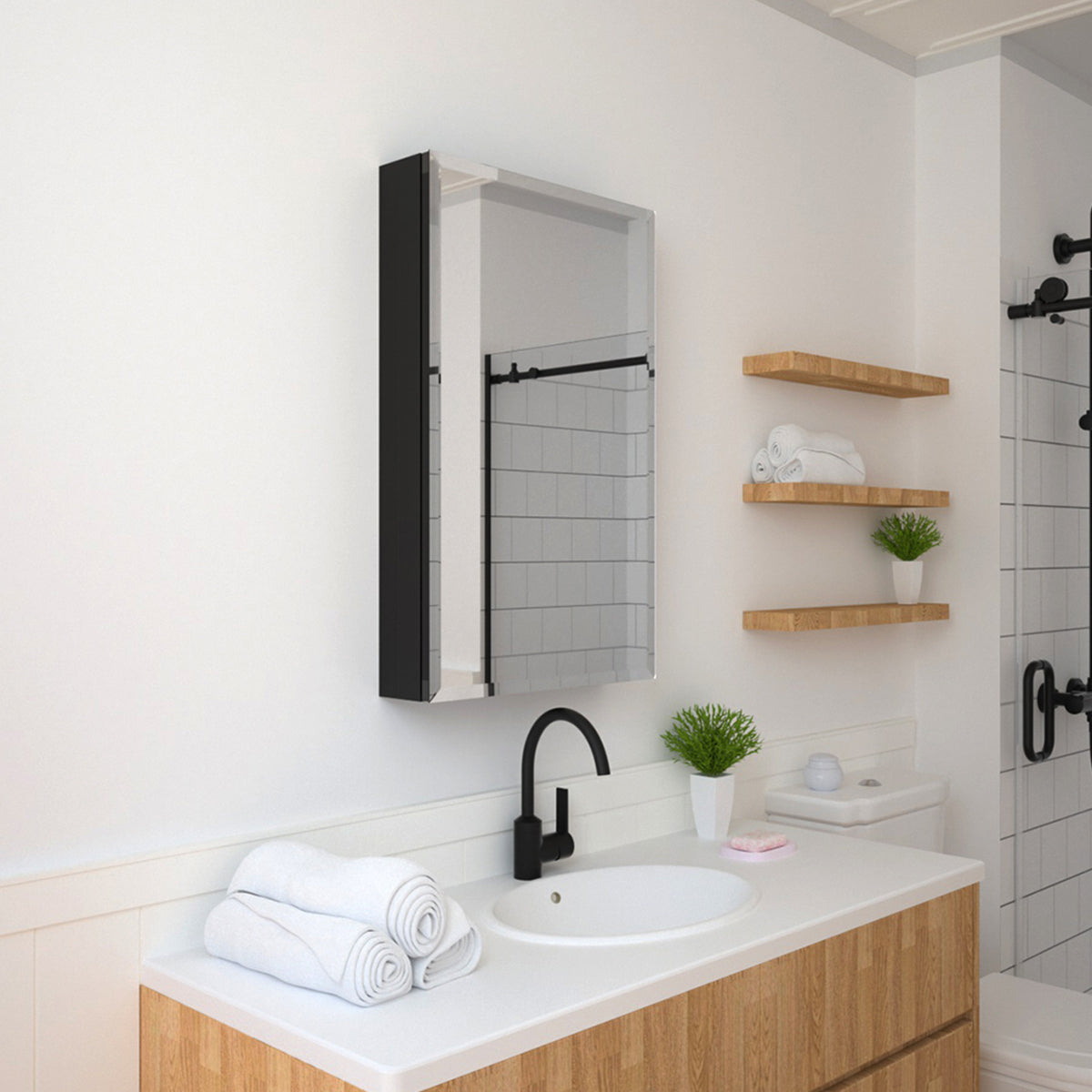 TaiMei 19 in. x 30 in. Frameless Recessed or Surface-Mount Beveled Single Mirror Bathroom Medicine Cabinet Matte Black MMCBL-1930-01