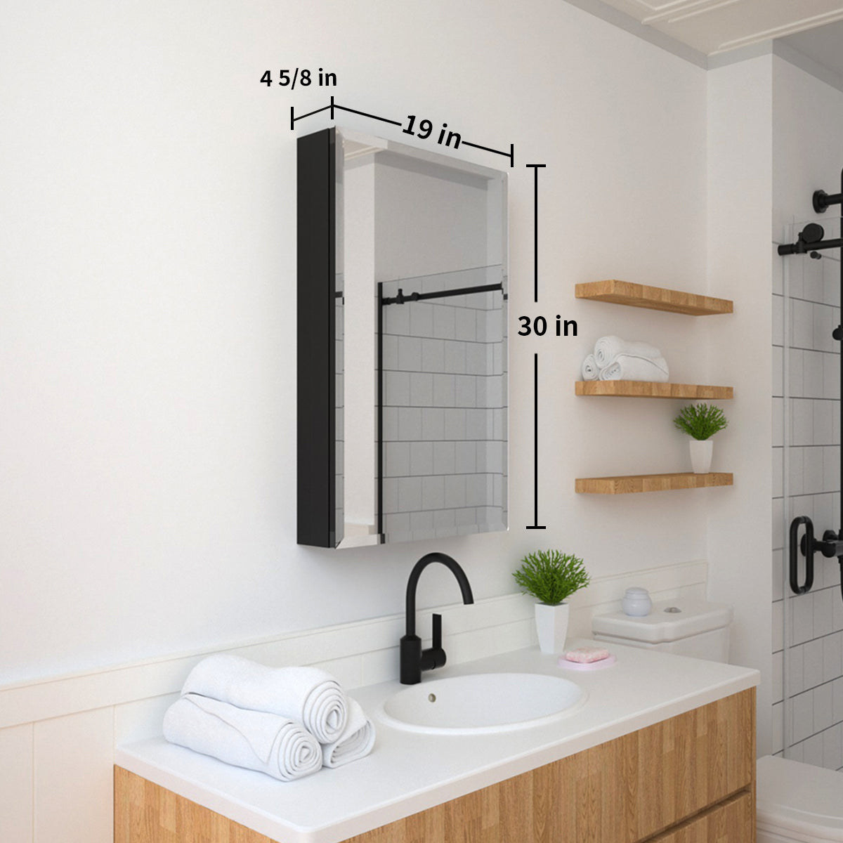 TaiMei 19 in. x 30 in. Frameless Recessed or Surface-Mount Beveled Single Mirror Bathroom Medicine Cabinet MMCBL-1930-03