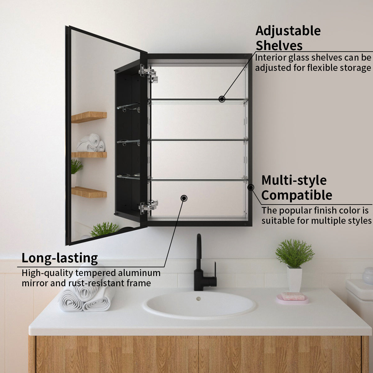 TaiMei 19 in. x 30 in. Frameless Recessed or Surface-Mount Beveled Single Mirror Bathroom Medicine Cabinet MMCBL-1930-04