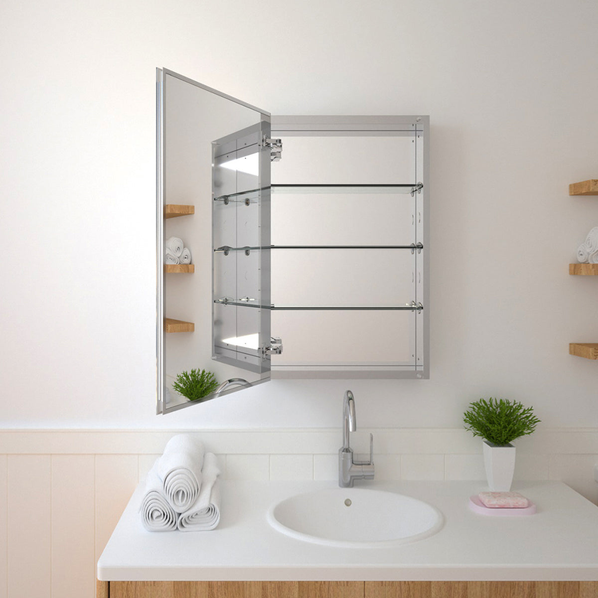 TaiMei 19 in. x 30 in. Frameless Recessed or Surface-Mount Beveled Single Mirror Bathroom Medicine Cabinet MMCSV-1930-02