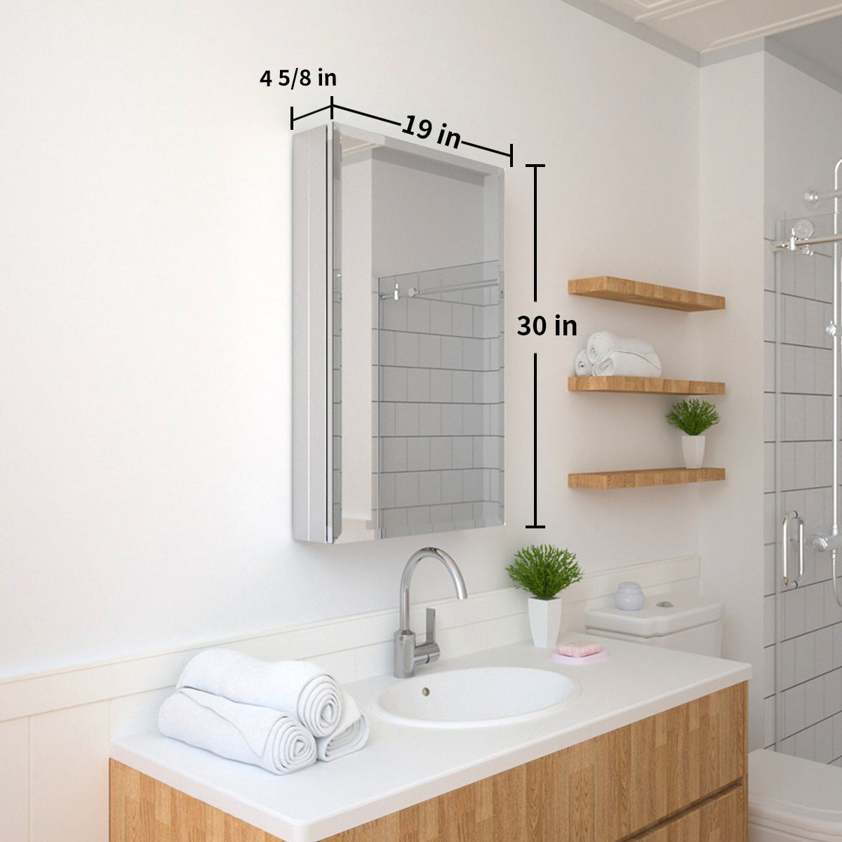 TaiMei 19 in. x 30 in. Frameless Recessed or Surface-Mount Beveled Single Mirror Bathroom Medicine Cabinet MMCSV-1930-03