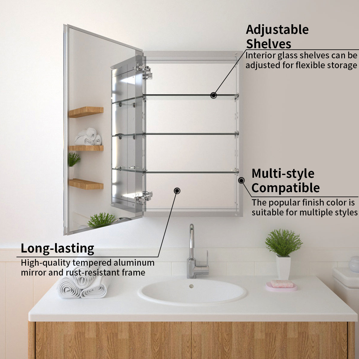 TaiMei 19 in. x 30 in. Frameless Recessed or Surface-Mount Beveled Single Mirror Bathroom Medicine Cabinet MMCSV-1930-04