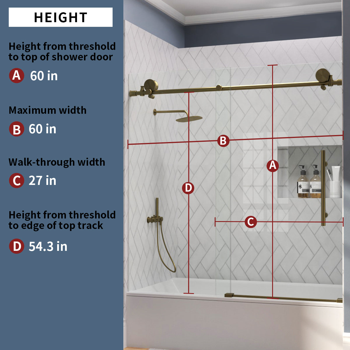 TaiMei Opal 60 in. W x 56 in. H Sliding Frameless Tub Door with Clear Glass and Handles MS-001-6060-BG03