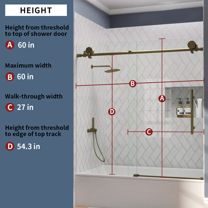 TaiMei Opal 60 in. W x 56 in. H Sliding Frameless Tub Door with Clear Glass and Handles MS-001-6060-BG03