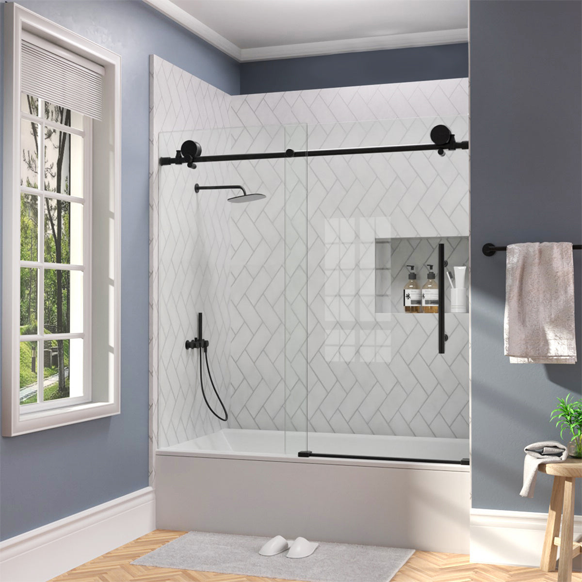 TaiMei Opal 60 in. W x 56 in. H Sliding Frameless Tub Door with Clear Glass and Handles MS-001-6060-BL01_8d6a08ae-9a7c-4249-8e32-a5068eecf1a3