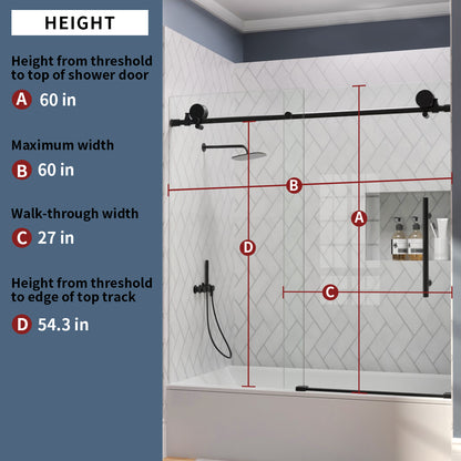 TaiMei Opal 60 in. W x 56 in. H Sliding Frameless Tub Door with Clear Glass and Handles MS-001-6060-BL03