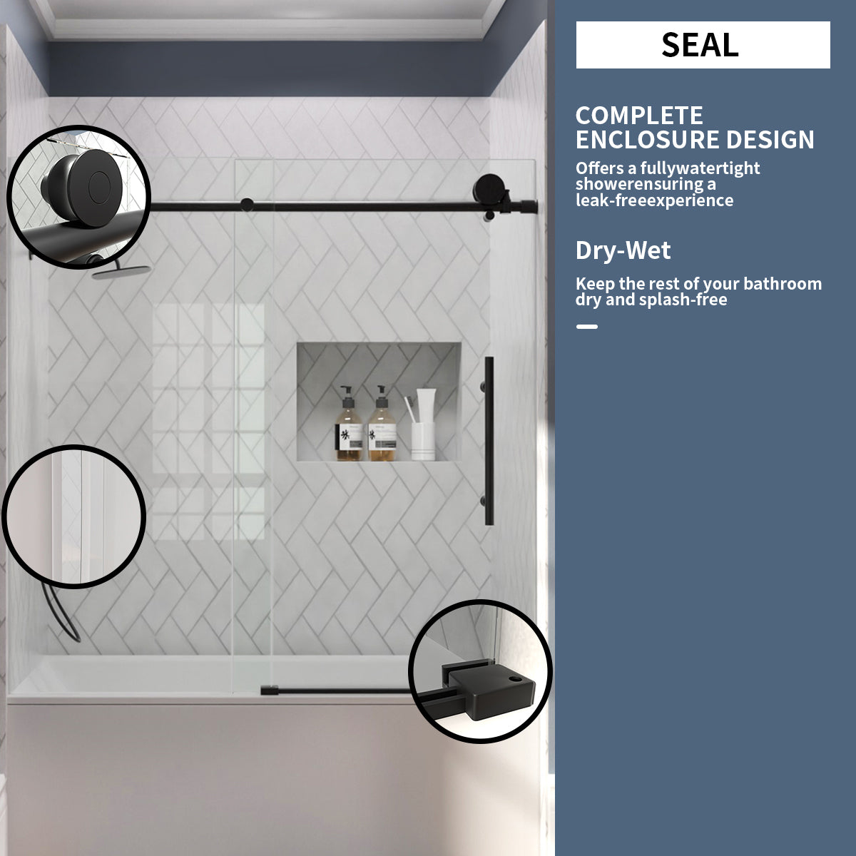 TaiMei Opal 60 in. W x 56 in. H Sliding Frameless Tub Door with Clear Glass and Handles MS-001-6060-BL08