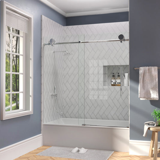 TaiMei Opal 60 in. W x 56 in. H Sliding Frameless Tub Door with Clear Glass and Handles