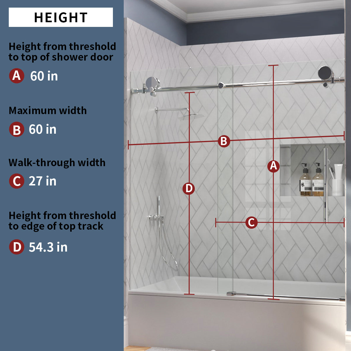 TaiMei Opal 60 in. W x 56 in. H Sliding Frameless Tub Door with Clear Glass and Handles MS-001-6060-SV03