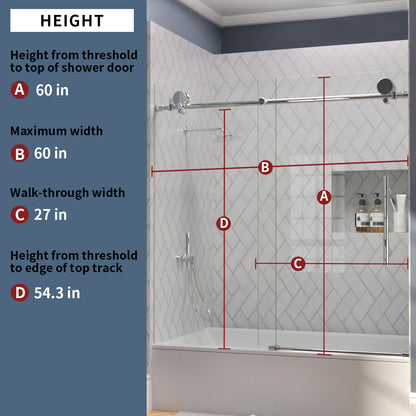 TaiMei Opal 60 in. W x 56 in. H Sliding Frameless Tub Door with Clear Glass and Handles MS-001-6060-SV03
