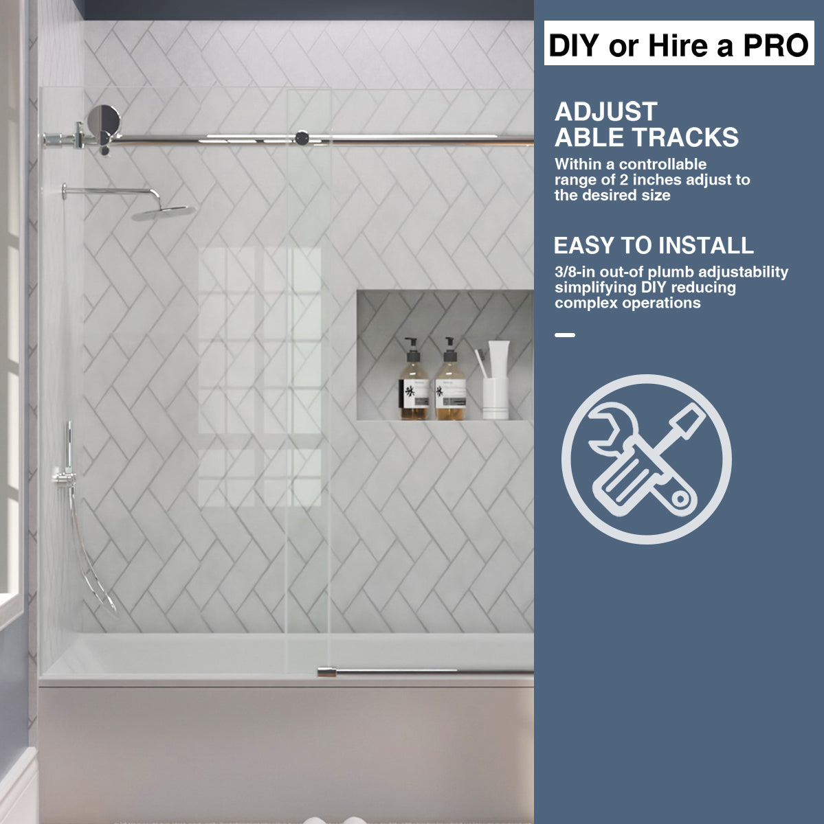 TaiMei Opal 60 in. W x 56 in. H Sliding Frameless Tub Door with Clear Glass and Handles MS-001-6060-SV09