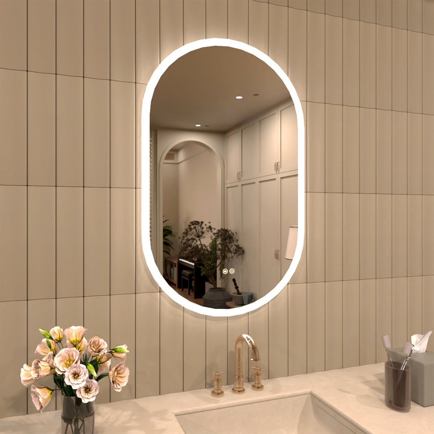 TaiMei Multiple sizes Oval Frameless LED Light Anti-Fog Wall Bathroom Vanity Mirror in Polished Crystal