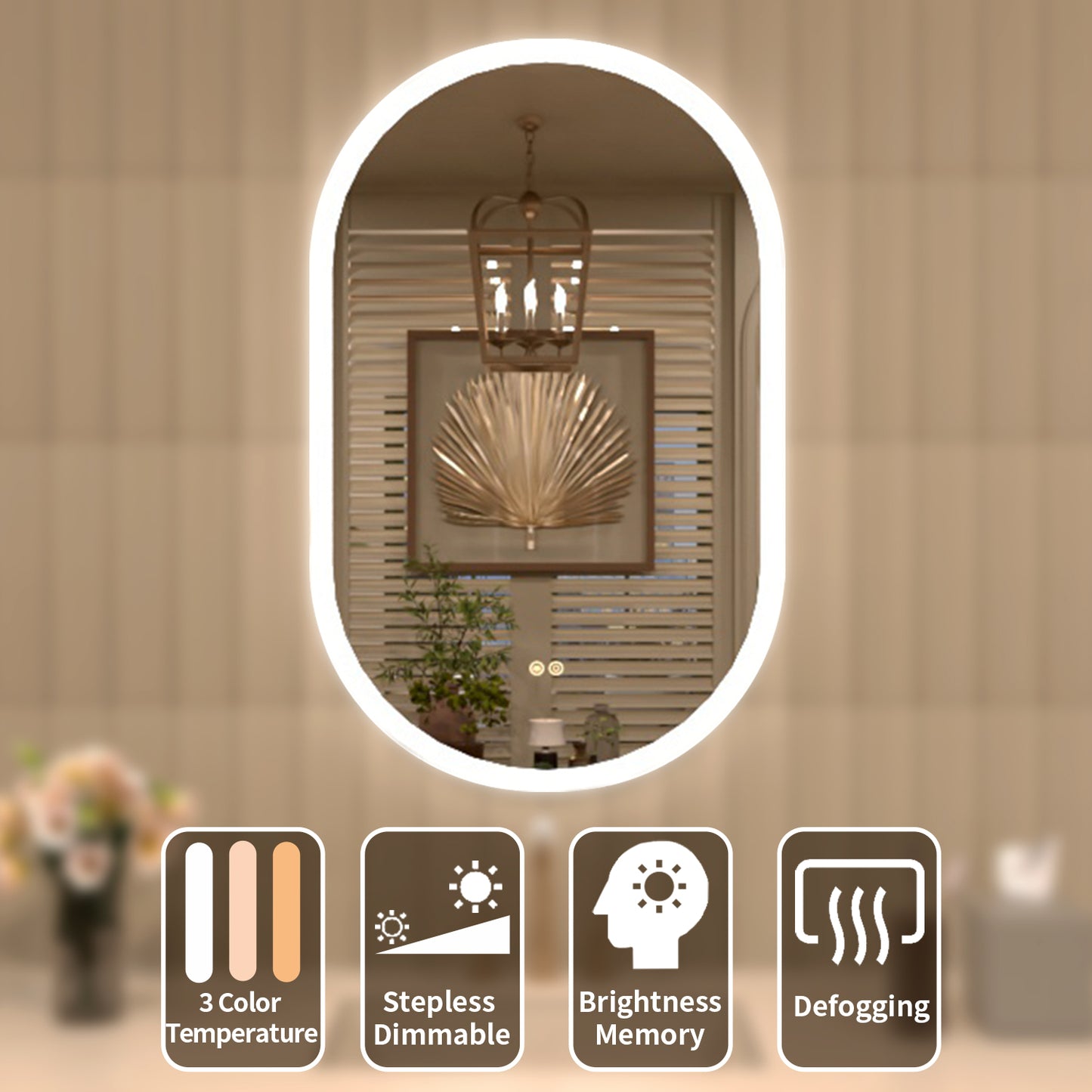 TaiMei Multiple sizes Oval Frameless LED Light Anti-Fog Wall Bathroom Vanity Mirror in Polished Crystal