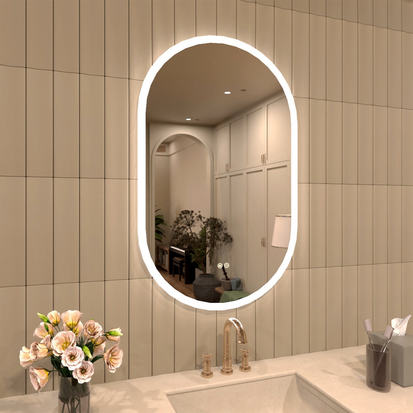 TaiMei Multiple sizes Oval Frameless LED Light Anti-Fog Wall Bathroom Vanity Mirror in Polished Crystal