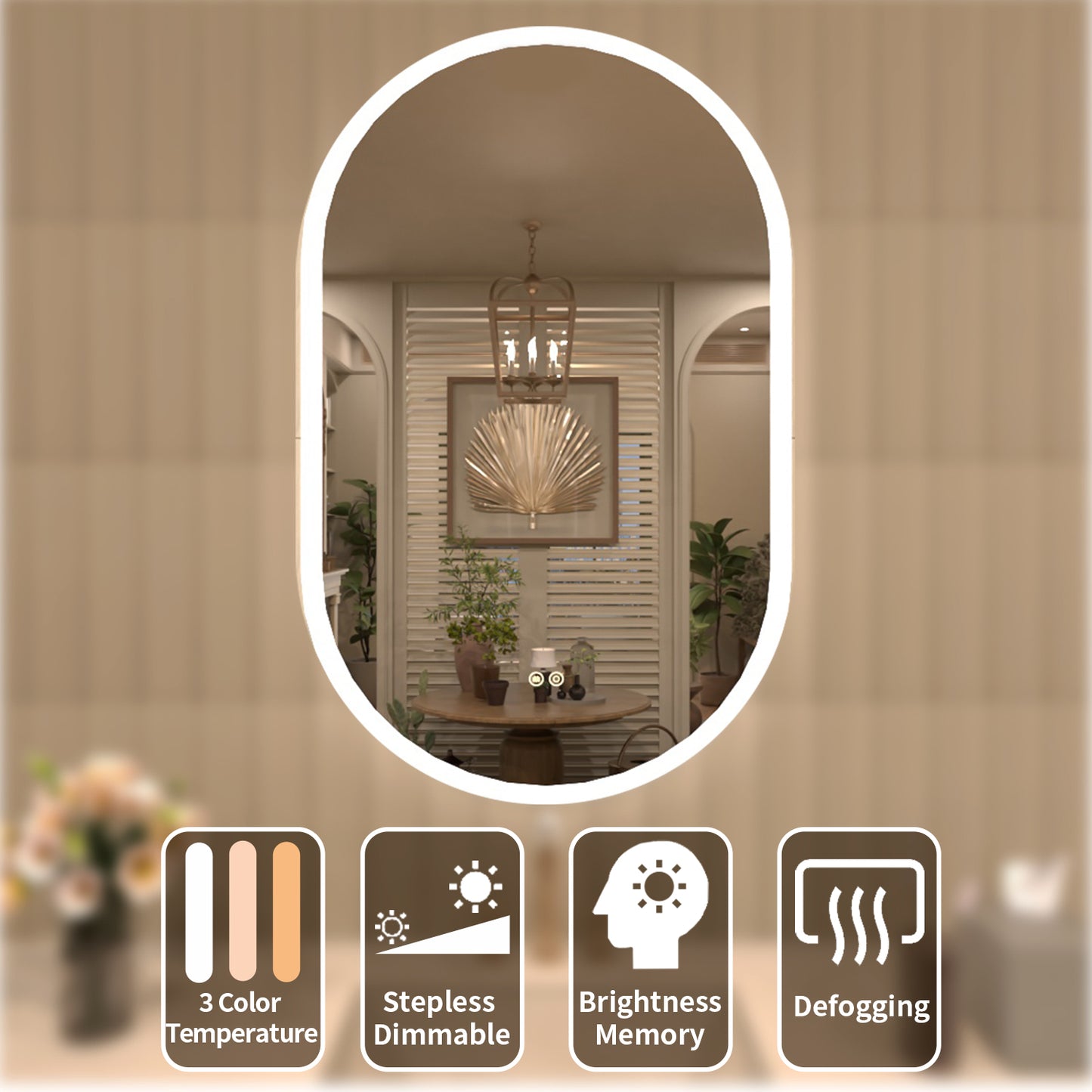 TaiMei Multiple sizes Oval Frameless LED Light Anti-Fog Wall Bathroom Vanity Mirror in Polished Crystal