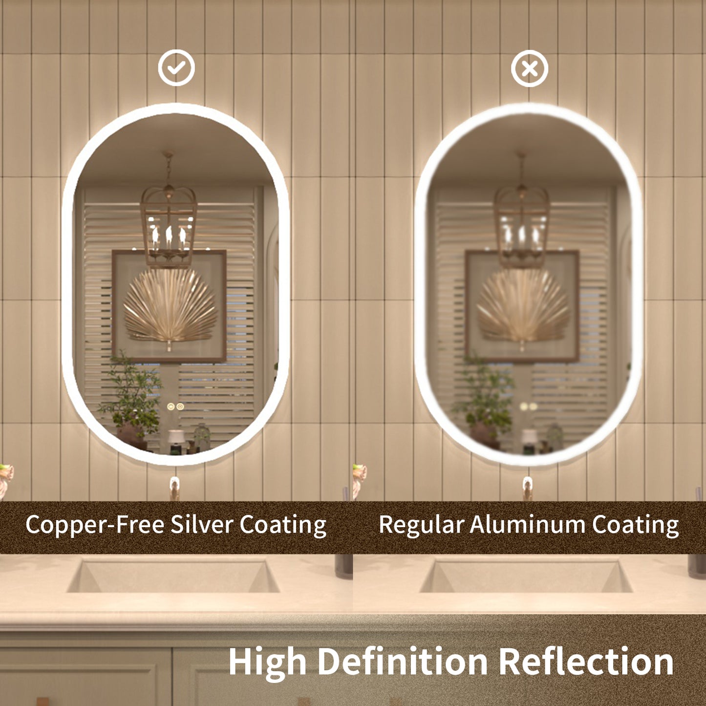 TaiMei Multiple sizes Oval Frameless LED Light Anti-Fog Wall Bathroom Vanity Mirror in Polished Crystal