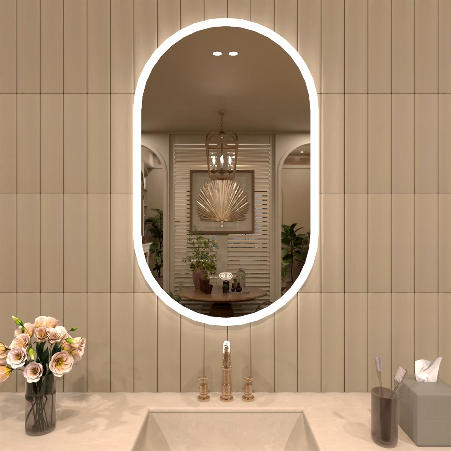 TaiMei Multiple sizes Oval Frameless LED Light Anti-Fog Wall Bathroom Vanity Mirror in Polished Crystal