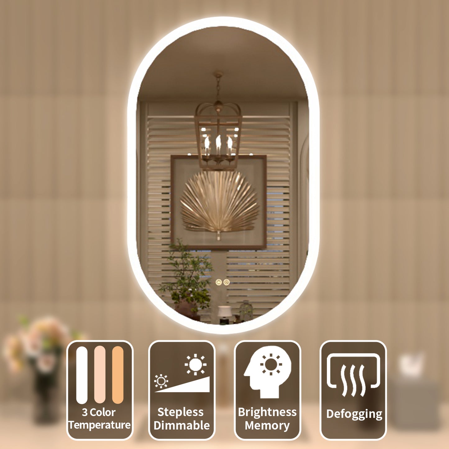 TaiMei Multiple sizes Oval Frameless LED Light Anti-Fog Wall Bathroom Vanity Mirror in Polished Crystal