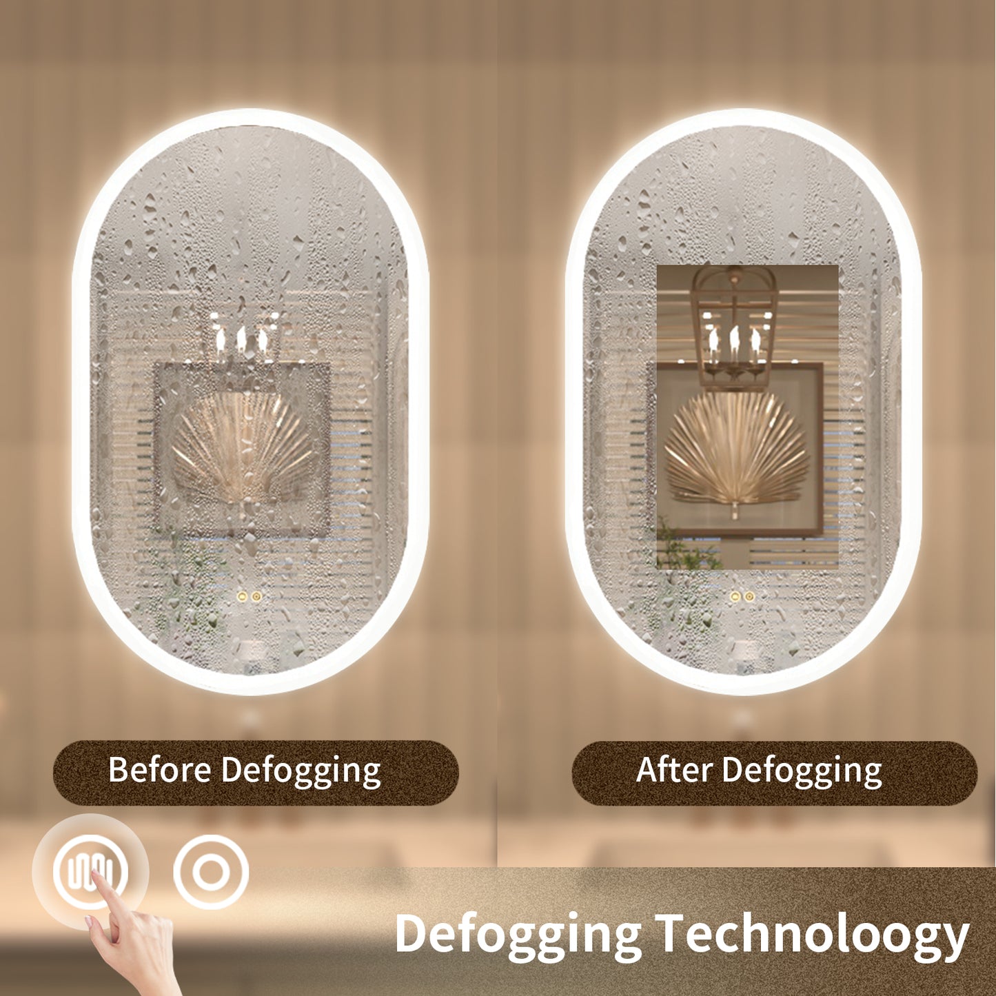 TaiMei Multiple sizes Oval Frameless LED Light Anti-Fog Wall Bathroom Vanity Mirror in Polished Crystal