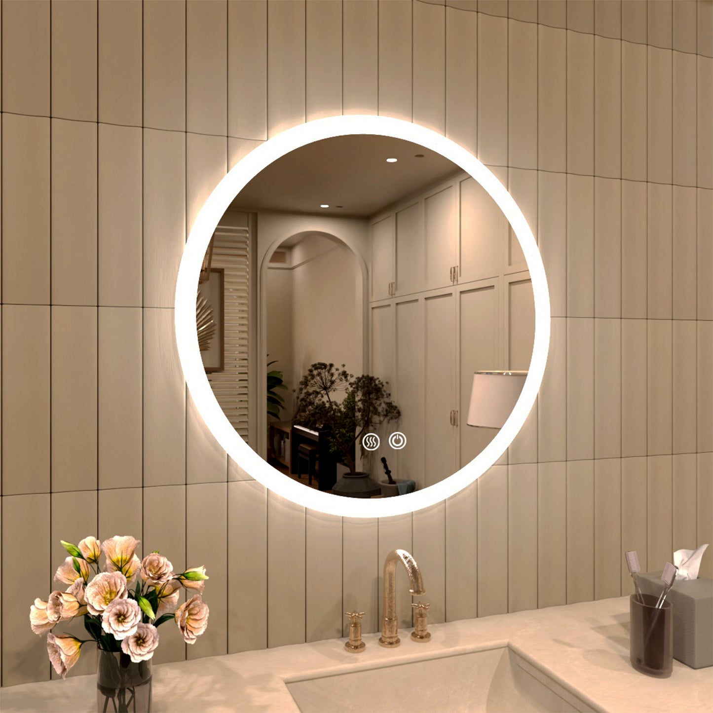 TaiMei Multiple Sizes Round Frameless LED Light Anti-Fog Wall Bathroom Vanity Mirror in Polished Crystal RC-2424-02