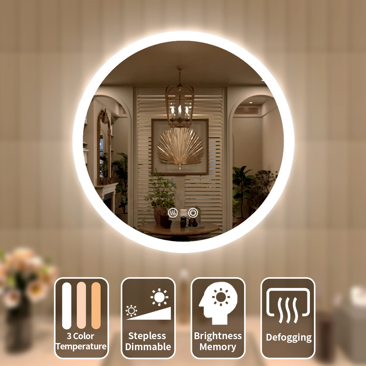 TaiMei Multiple Sizes Round Frameless LED Light Anti-Fog Wall Bathroom Vanity Mirror in Polished Crystal RC-2424-03