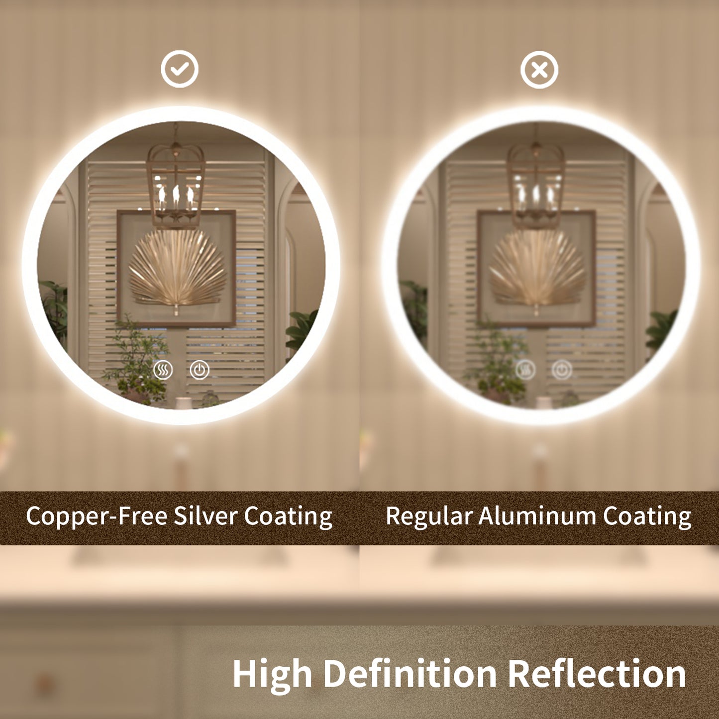 TaiMei Multiple Sizes Round Frameless LED Light Anti-Fog Wall Bathroom Vanity Mirror in Polished Crystal RC-2424-10