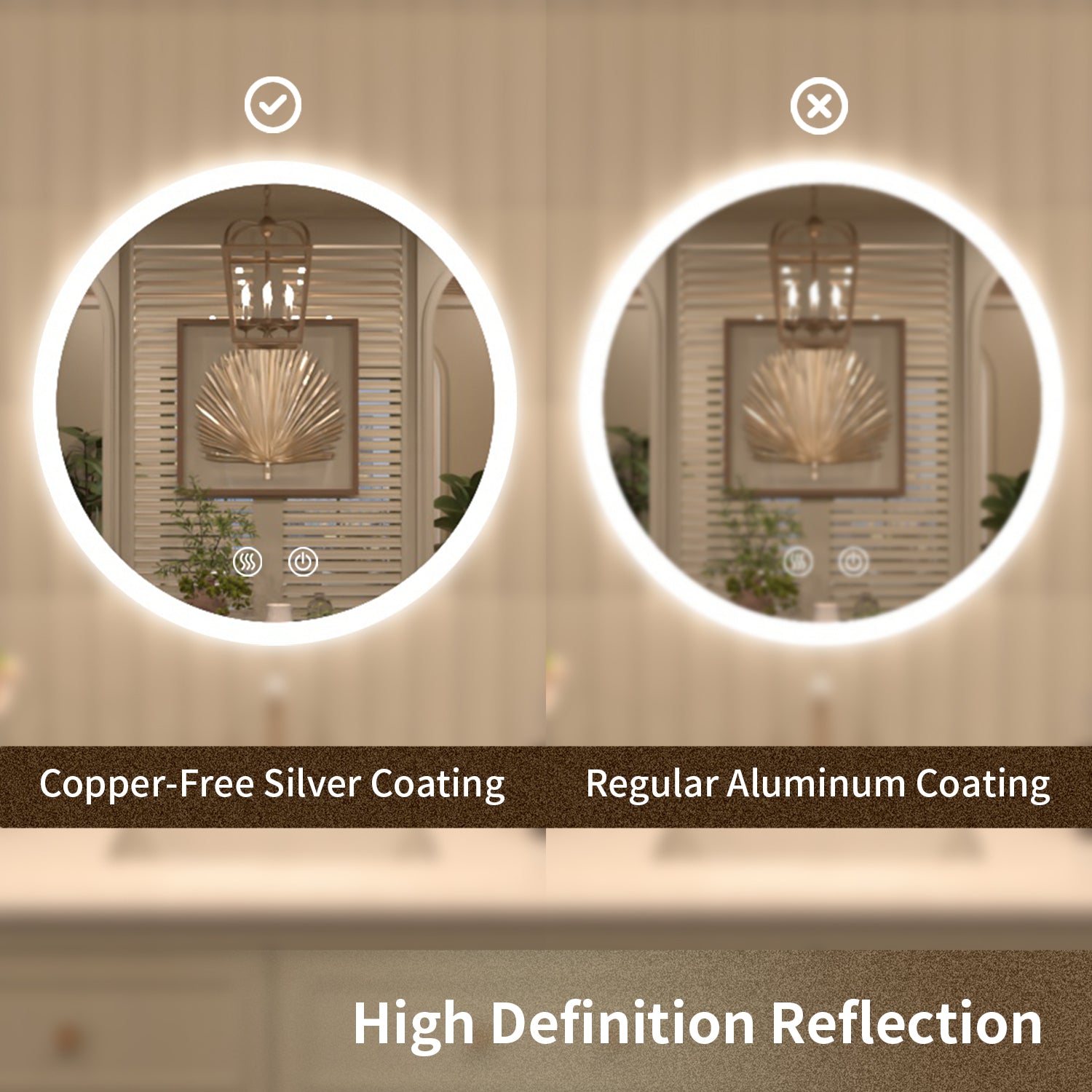 TaiMei Multiple Sizes Round Frameless LED Light Anti-Fog Wall Bathroom Vanity Mirror in Polished Crystal RC-2424-10