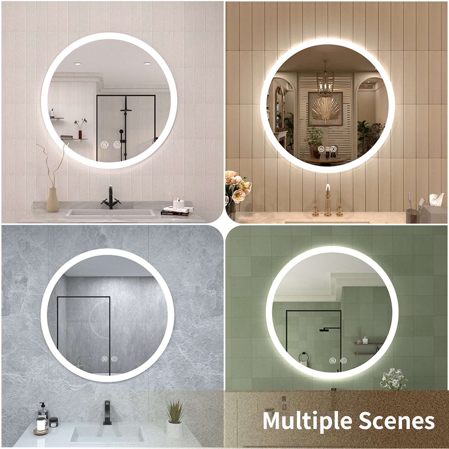 TaiMei Multiple Sizes Round Frameless LED Light Anti-Fog Wall Bathroom Vanity Mirror in Polished Crystal RC-2424-11