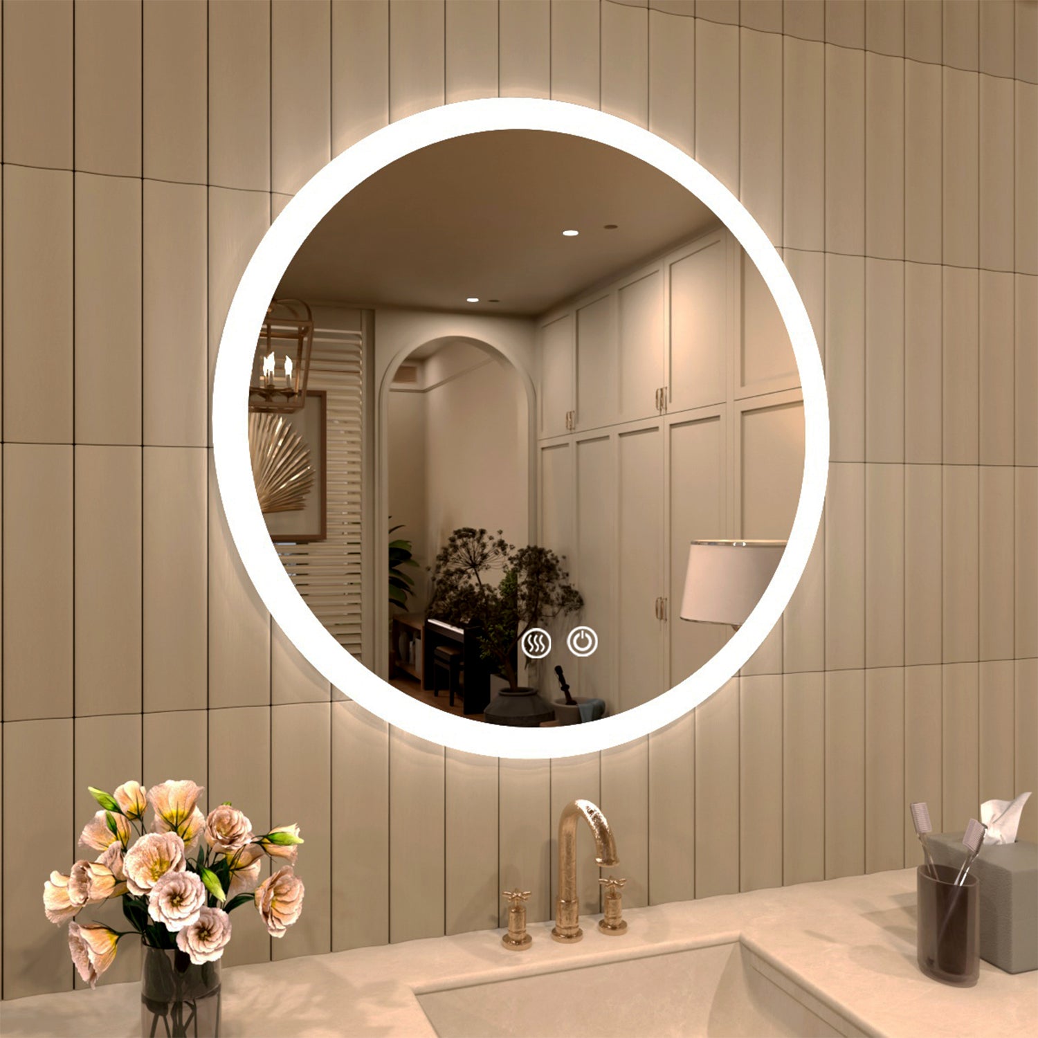 TaiMei Multiple Sizes Round Frameless LED Light Anti-Fog Wall Bathroom Vanity Mirror in Polished Crystal RC-2828-02