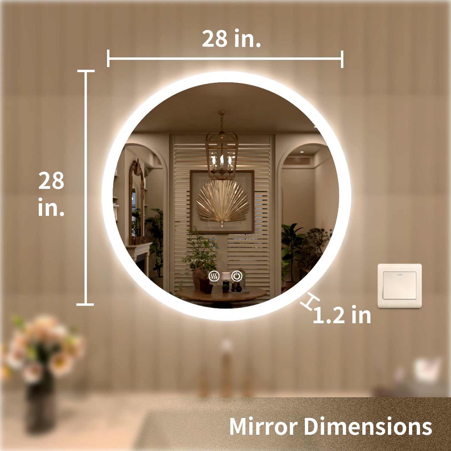 TaiMei Multiple Sizes Round Frameless LED Light Anti-Fog Wall Bathroom Vanity Mirror in Polished Crystal RC-2828-04