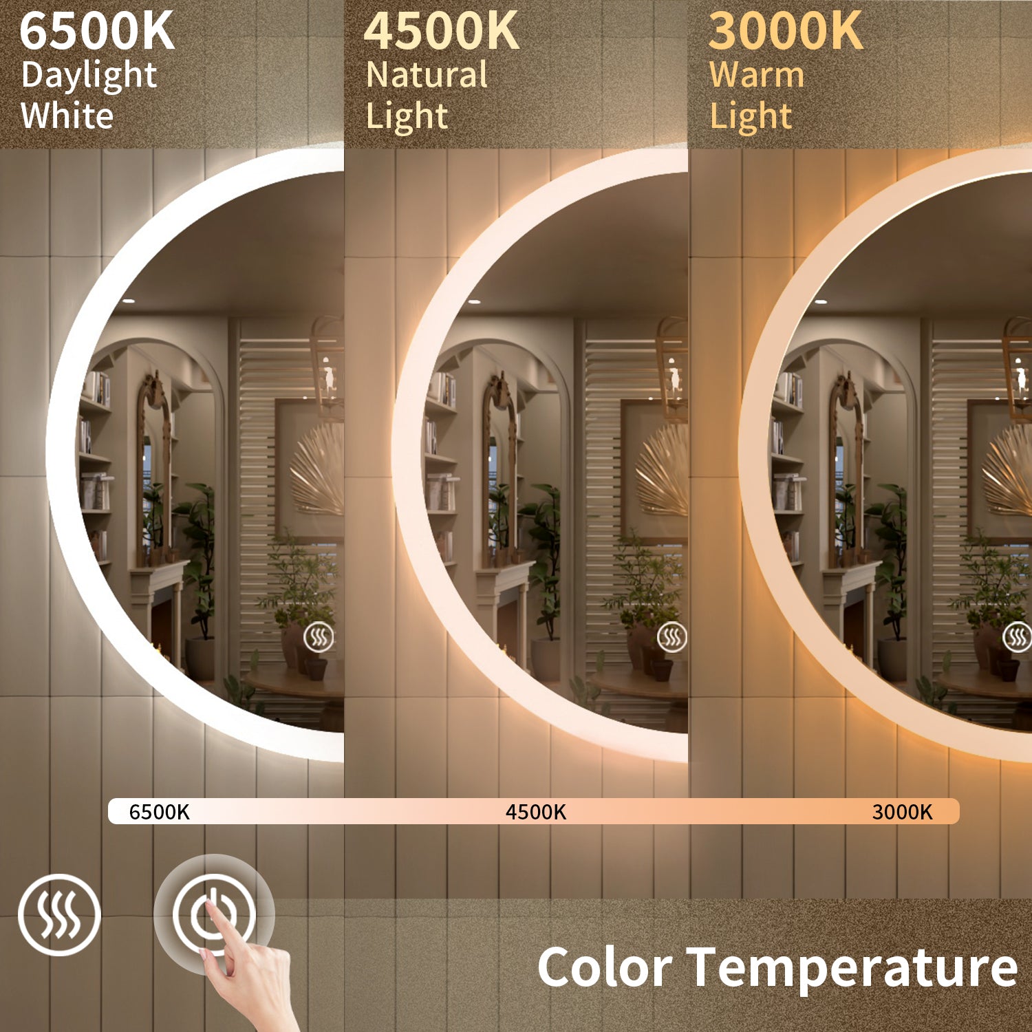 TaiMei Multiple Sizes Round Frameless LED Light Anti-Fog Wall Bathroom Vanity Mirror in Polished Crystal RC-2828-08