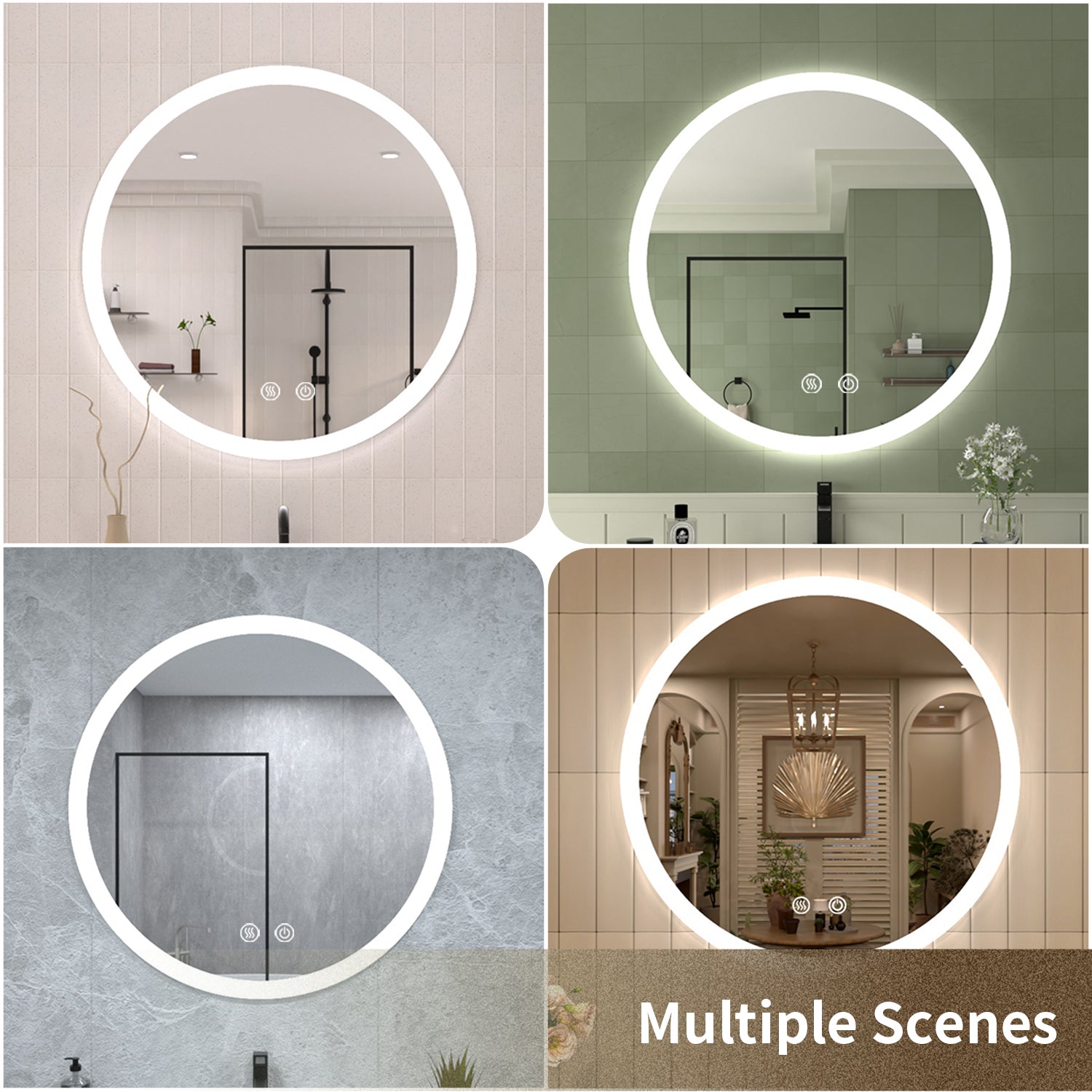 TaiMei Multiple Sizes Round Frameless LED Light Anti-Fog Wall Bathroom Vanity Mirror in Polished Crystal RC-2828-11
