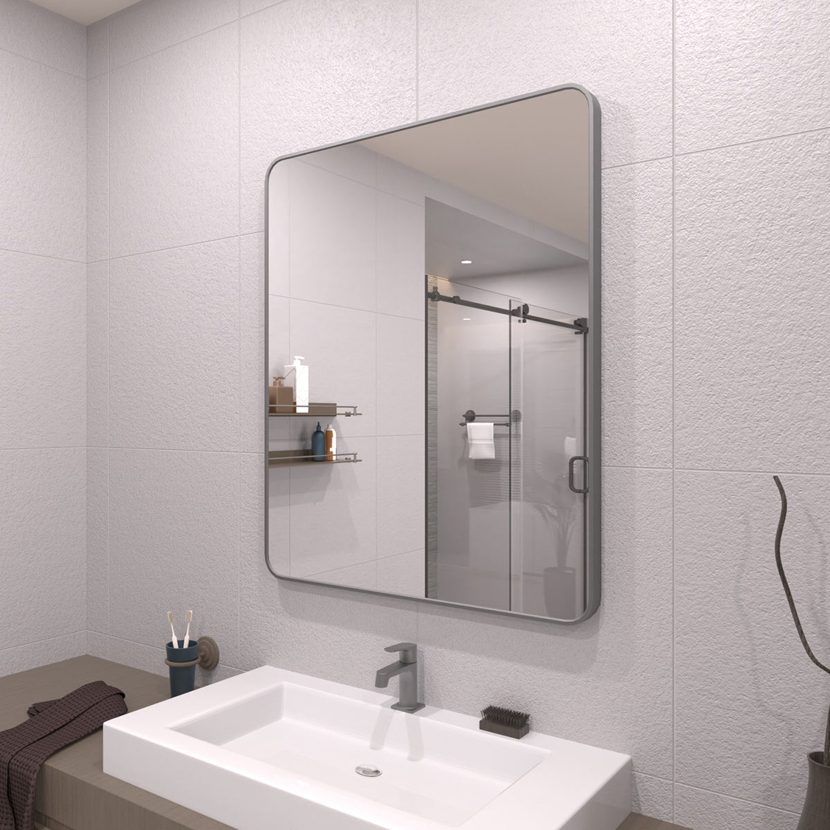 TaiMei 30 in. W x 36 in. H Vertical / Horizontal Rectangular Aluminum Framed Wall Mirror SM3036-GY-02