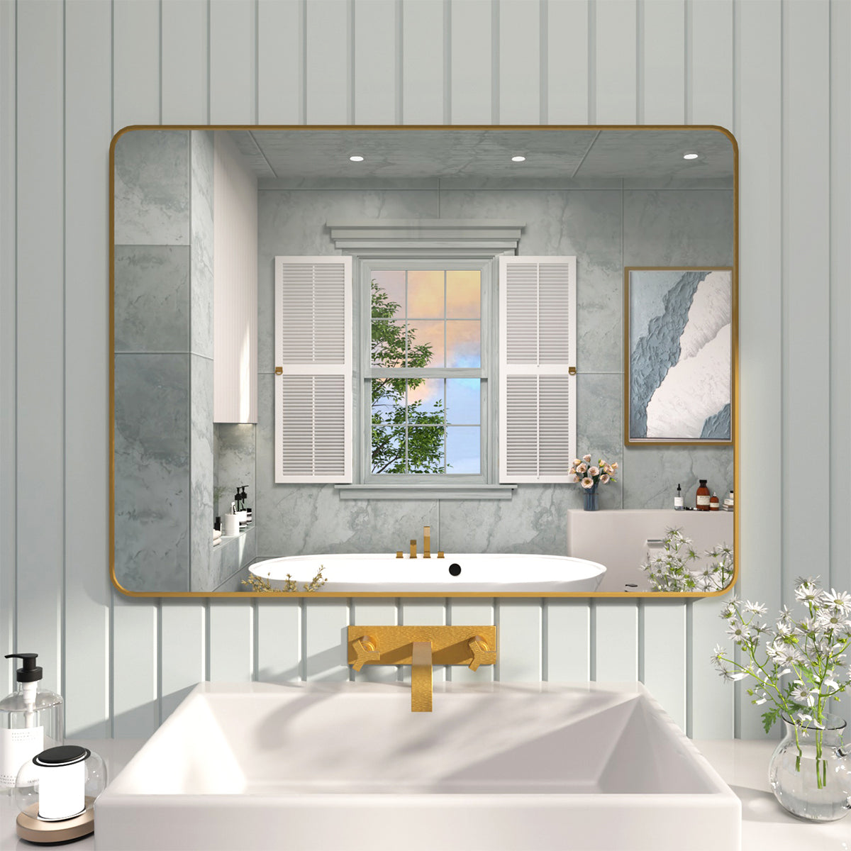 FMNP TaiMei 48 in. W x 36 in. H Rectangular Framed Wall Bathroom Vanity Mirror Brushed Gold SM4836-BG-01_e0f30deb-b246-4e65-937c-fcfb73706773