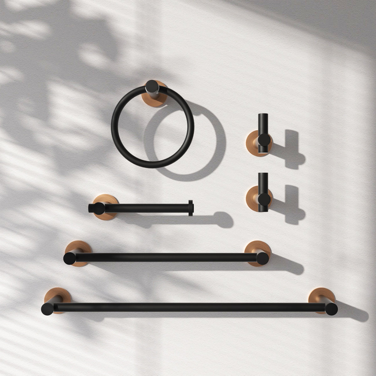 6 -Piece Bath Hardware Set with 2 Towel Bars/Racks, Toilet Paper Holder, 2 Towel/Robe Hooks, Towel Ring Black Gold TMBH06-BG1