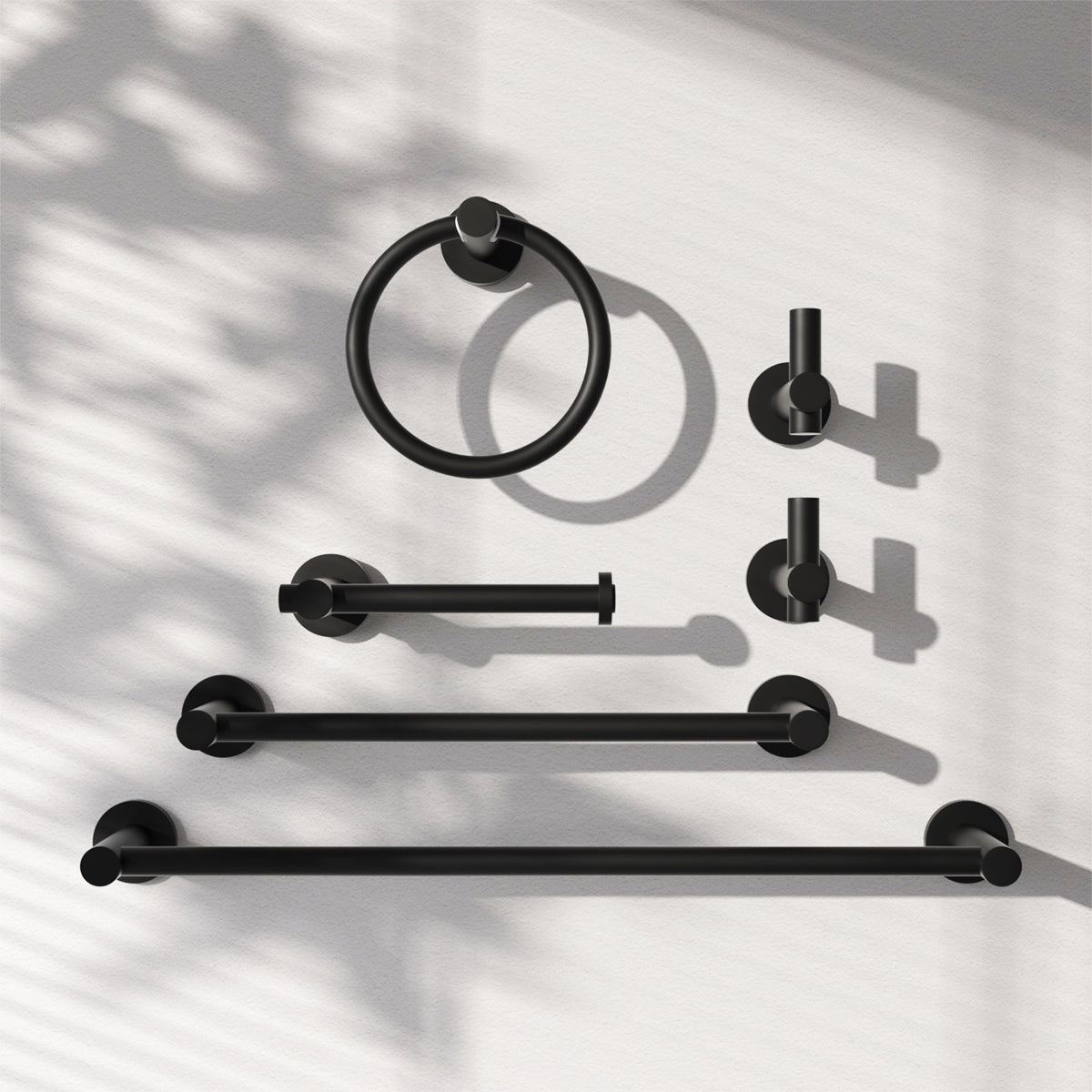 6 -Piece Bath Hardware Set with 2 Towel Bars/Racks, Toilet Paper Holder, 2 Towel/Robe Hooks, Towel Ring Matte Black TMBH06-BL1